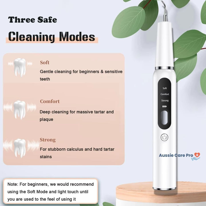 "Ultrasonic dental plaque remover with metal tips, ergonomic cordless design, USB rechargeable for effective tartar removal."