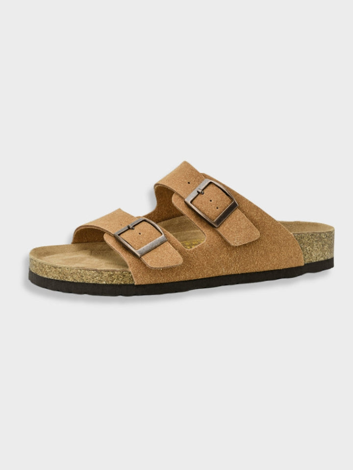 "Unisex Arizona-style sandals, gray leather straps, open toe, cork footbed, ideal casual shoes for men and women."