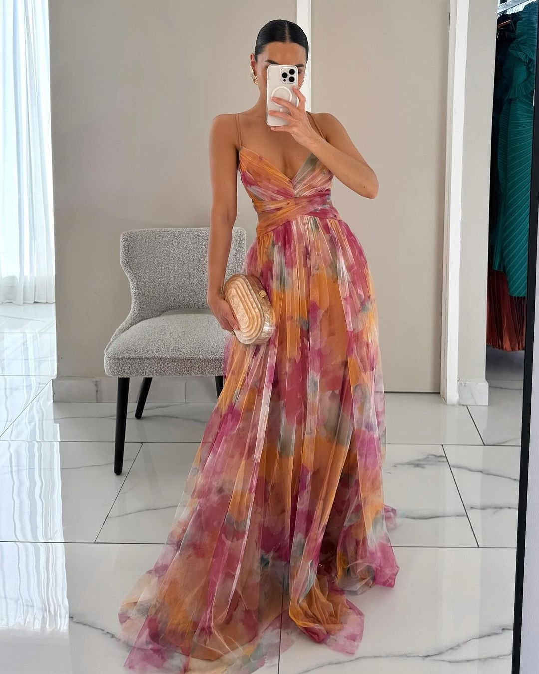 "Women's Dreamy Chic Maxi Dress, green and orange flowing layers, elegant silhouette, perfect for formal occasions and events