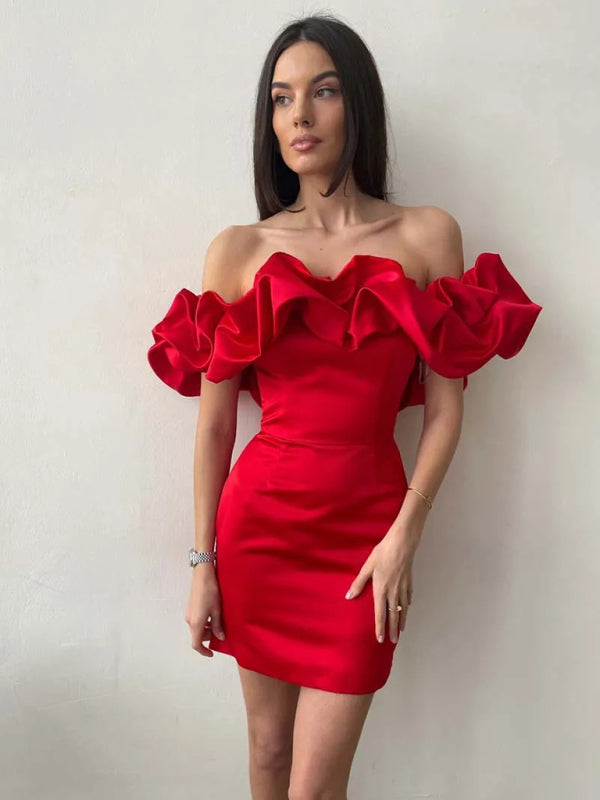Women's Ruffled Neck Off-Shoulder Mini Dress, elegant silhouette, vibrant colors, perfect for special occasions and parties.