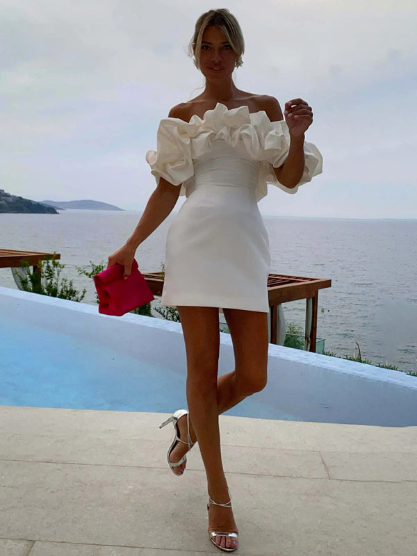 Women's Ruffled Neck Off-Shoulder Mini Dress, elegant silhouette, vibrant colors, perfect for special occasions and parties.