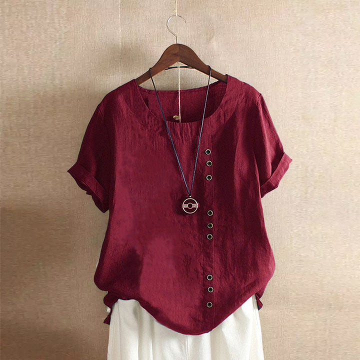 Women's cotton-linen crew neck T-shirt, front view, lightweight, breathable fabric, classic design, subtle button detailing.