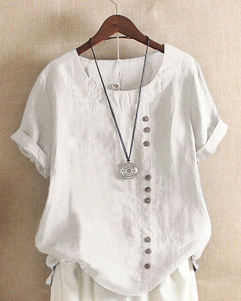 Women's cotton-linen crew neck T-shirt, front view, lightweight, breathable fabric, classic design, subtle button detailing.