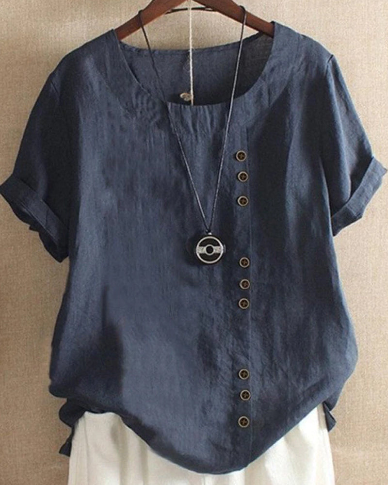 Women's cotton-linen crew neck T-shirt, front view, lightweight, breathable fabric, classic design, subtle button detailing.