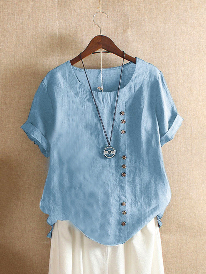 Women's cotton-linen crew neck T-shirt, front view, lightweight, breathable fabric, classic design, subtle button detailing.