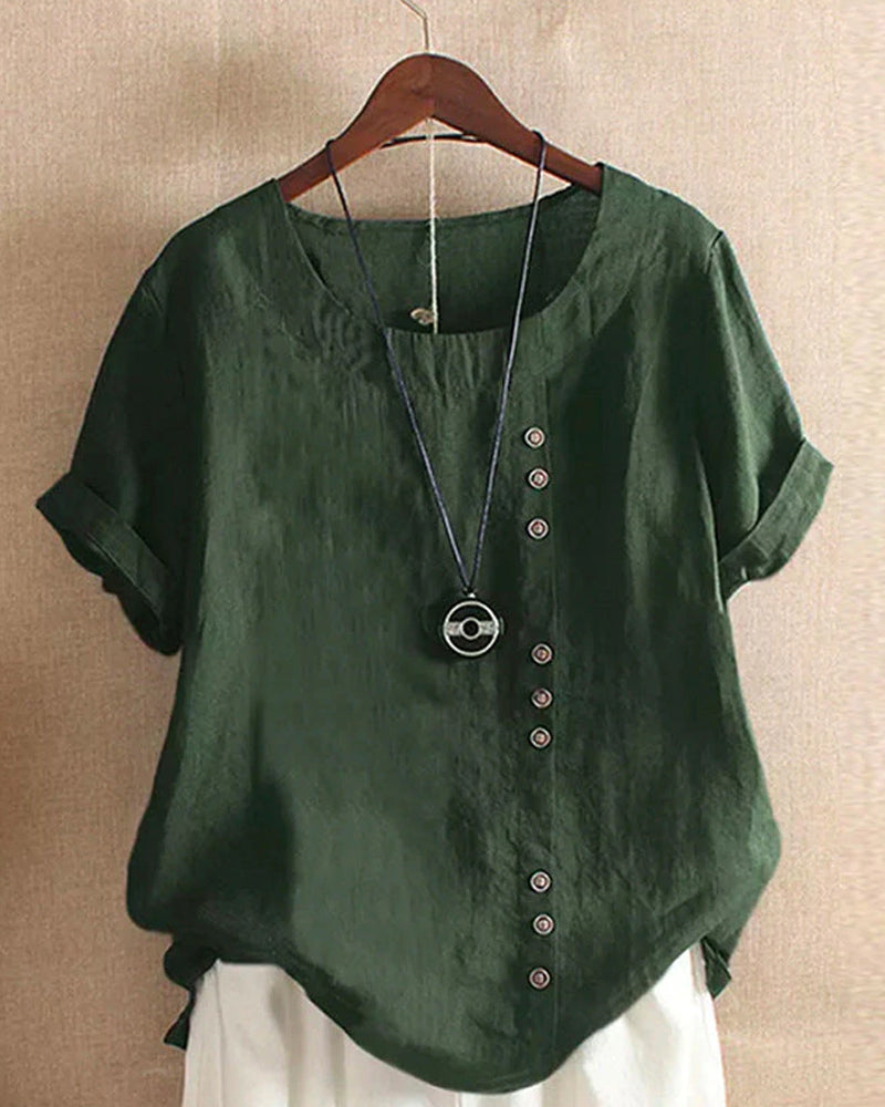 Women's cotton-linen crew neck T-shirt, front view, lightweight, breathable fabric, classic design, subtle button detailing.