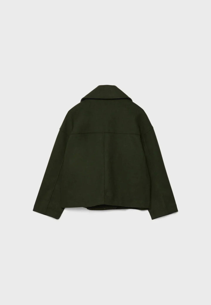 Women's double-breasted cropped jacket, front view featuring sharp lapels, structured design, and chic oversized buttons.