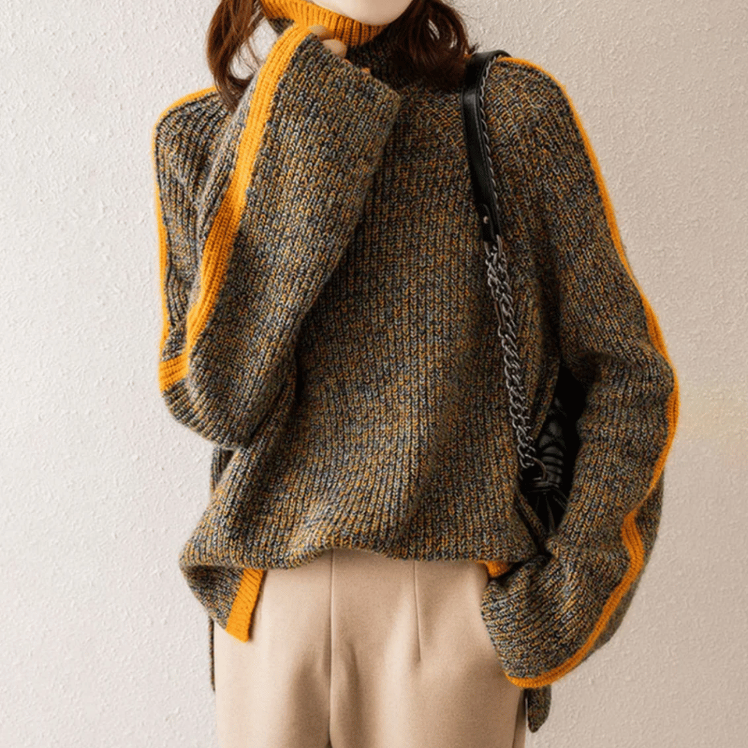 "Women's melange knit turtleneck jumper, relaxed fit, cozy and stylish, ideal for casual wear, elegant melange pattern."