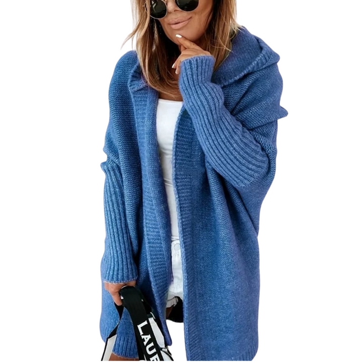 Women's mid-length cardigan with colourful stitching, elegant design, front view, ideal for spring, versatile layering.