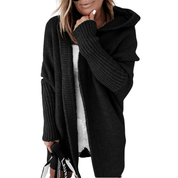 Women's mid-length cardigan with colourful stitching, elegant design, front view, ideal for spring, versatile layering.