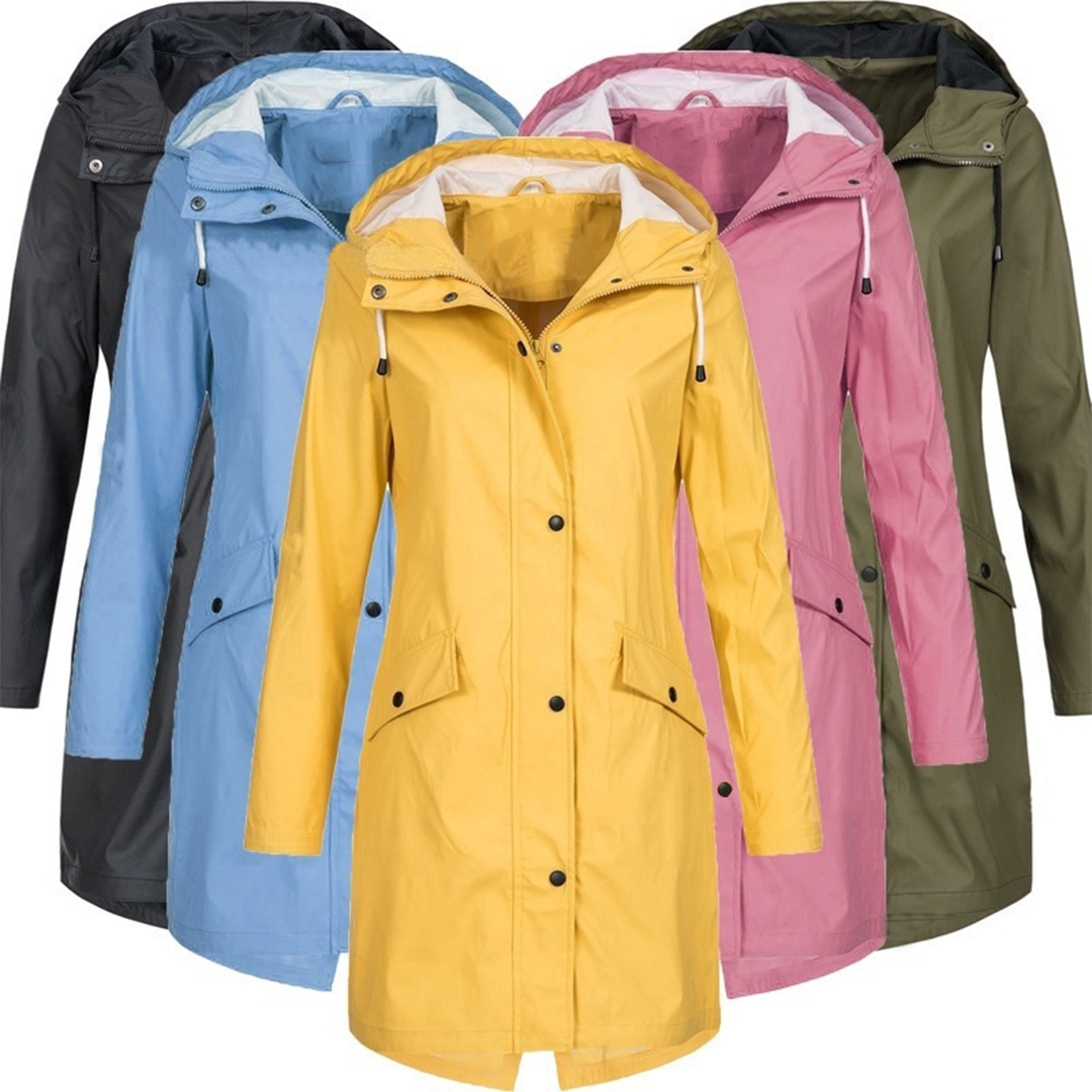 "Women's pink waterproof raincoat, lightweight, windproof, with hood and adjustable drawstrings, sleek design."