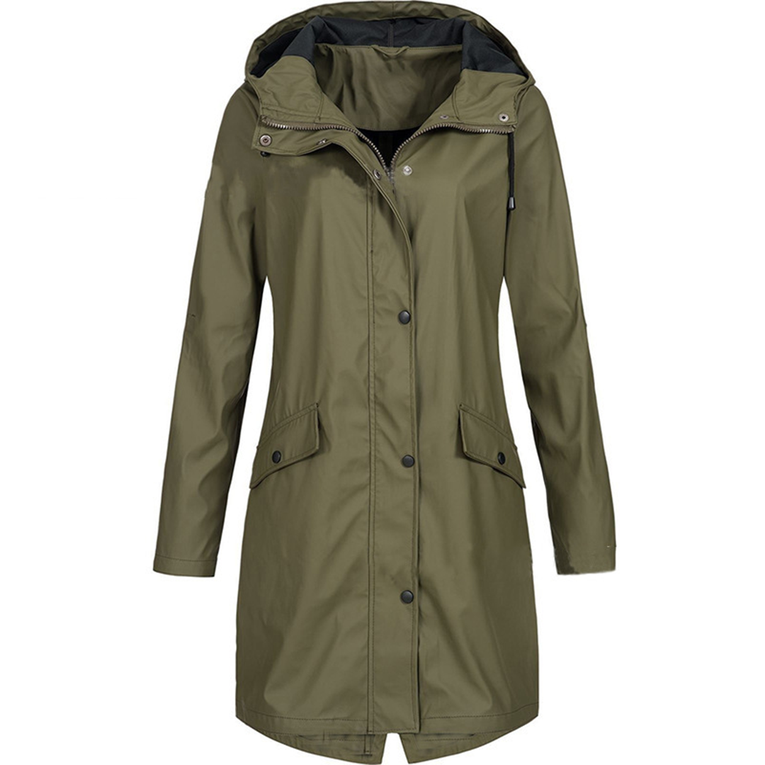 "Women's pink waterproof raincoat, lightweight, windproof, with hood and adjustable drawstrings, sleek design."