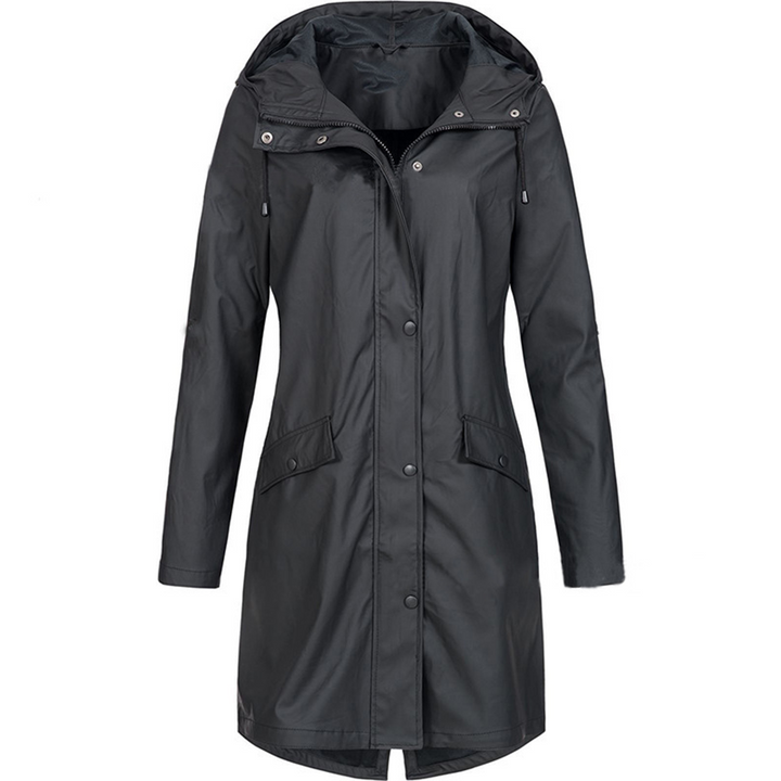 "Women's pink waterproof raincoat, lightweight, windproof, with hood and adjustable drawstrings, sleek design."