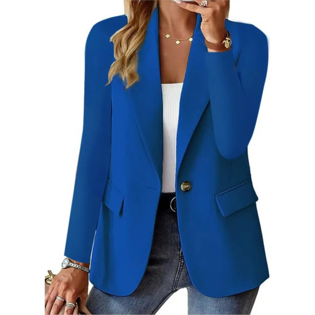 "Women's stylish long sleeve blazer with clasp pocket, available in white, pink, red, and brown for versatile elegance."