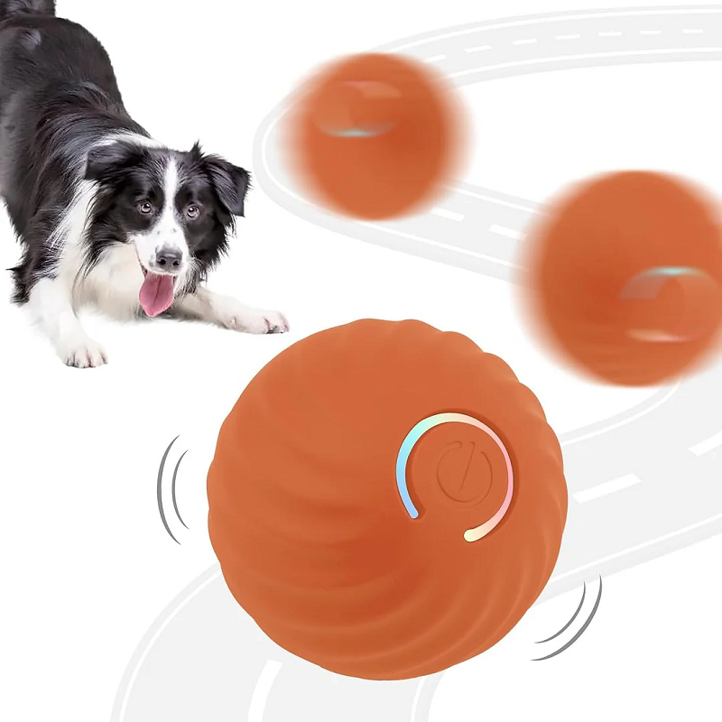 A happy dog chasing an automatic rolling interactive pet toy ball during playtime