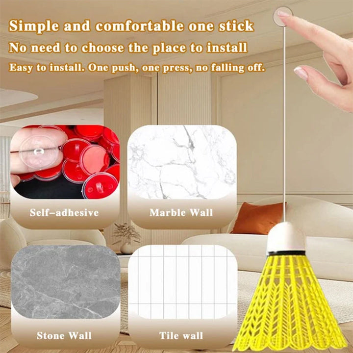 Instructional image showing how to set up the Badminton Training Rebounder for quick practice.