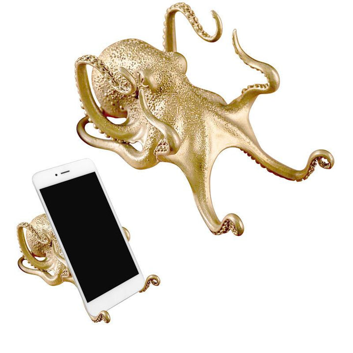 Unique gift: polished brass octopus phone stand, animal sculpture & desktop decor