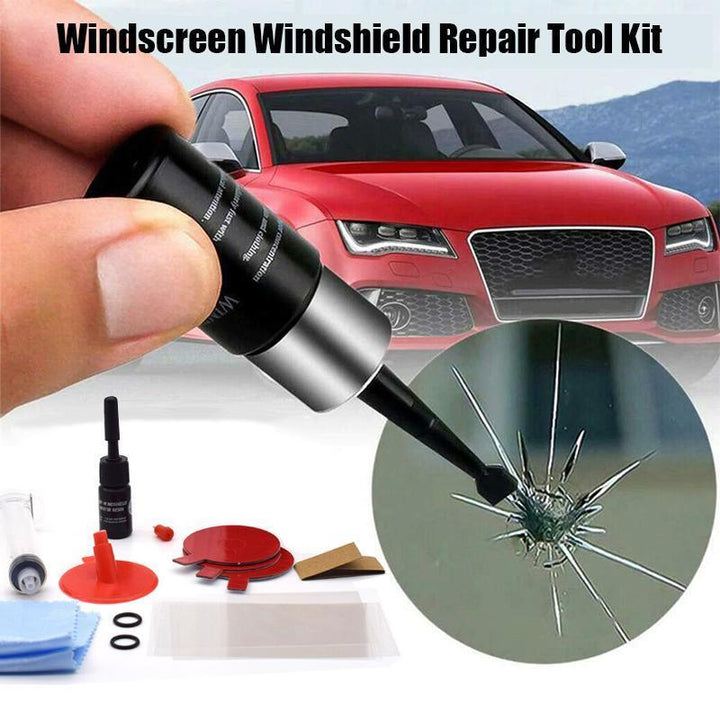 Car windshield crack repair kit with resin, applicator, and curing strips for DIY glass restoration