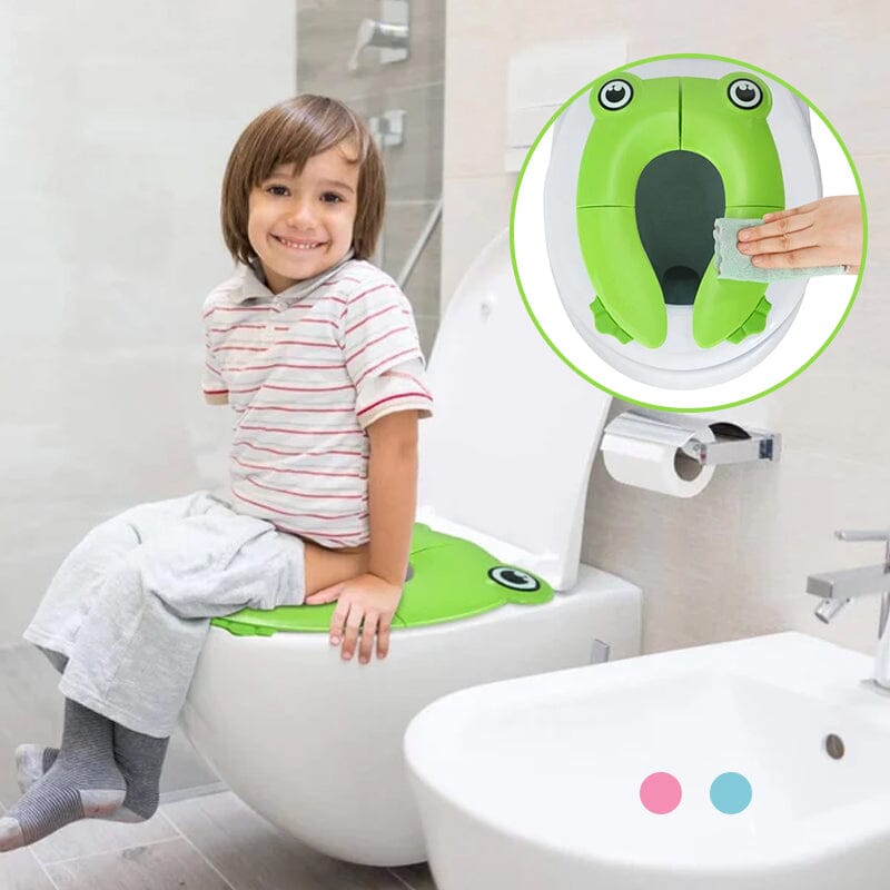 Children's folding portable potty seat, blue, showing compact fold for travel & easy storage, kids bathroom