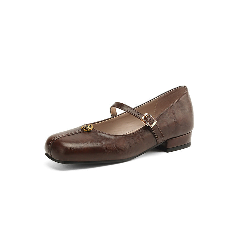 Classic brown leather ballet flats for women with an elegant strap, perfect for spring everyday wear