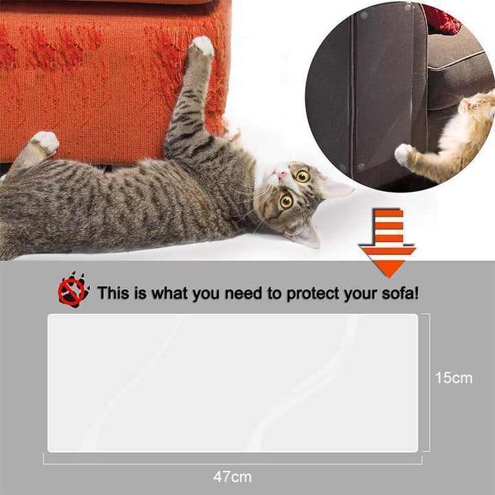 Close-up of Clear Cat Furniture Protector Tape applied to a fabric couch, an invisible cat deterrent and scratch barrier.