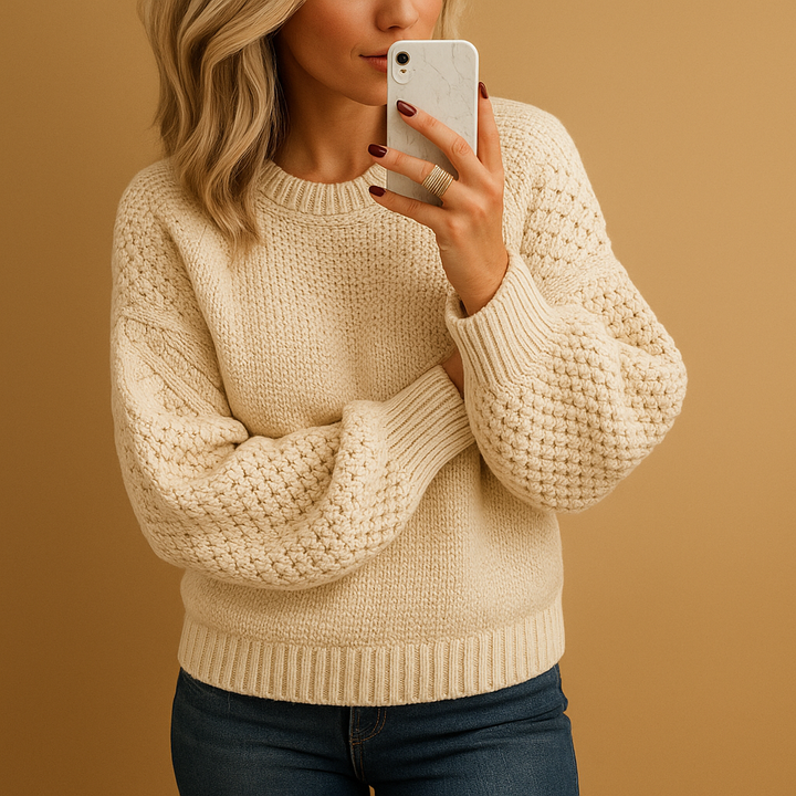 Cozy textured knit pullover sweater for women, relaxed fit, perfect for winter fashion and warmth