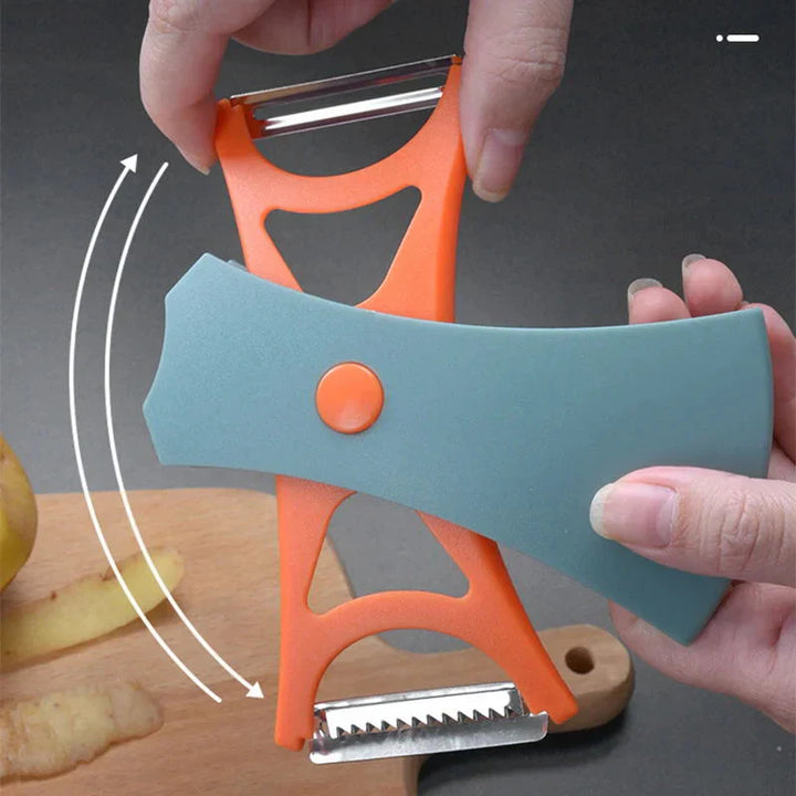 Vegetable chipper and peeler set in action, showing neatly cut potato fries for cooking