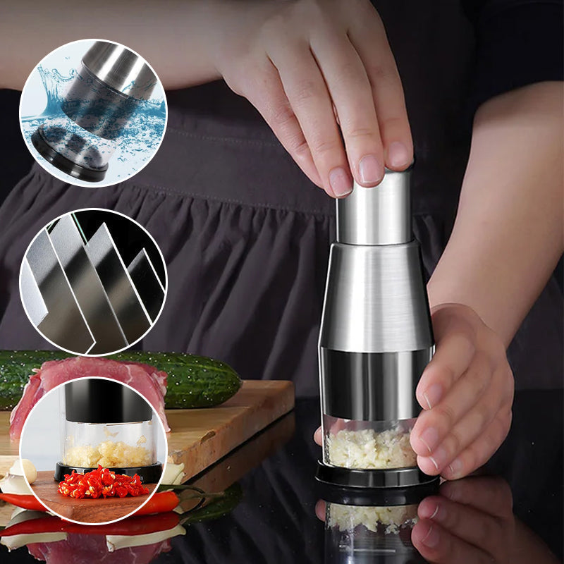 Ergonomic stainless steel garlic mincer, ideal for kitchen tasks
