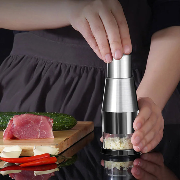 Modern stainless steel garlic press and mincer, essential kitchen utensil
