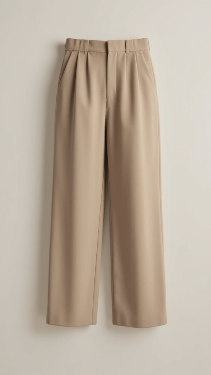 Back view of elegant women's high-waist wide-leg pants, showcasing the flattering silhouette for spring.