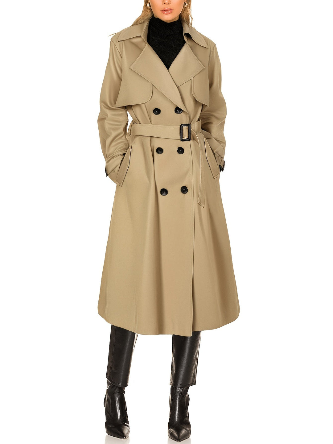 Elegant women's longline double-breasted trench coat in classic beige, perfect for professional wear.