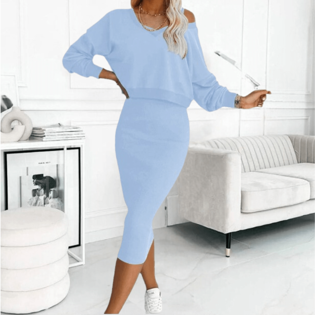 Stylish women's off-shoulder blouse and a comfortable midi skirt, a perfect elegant summer set.