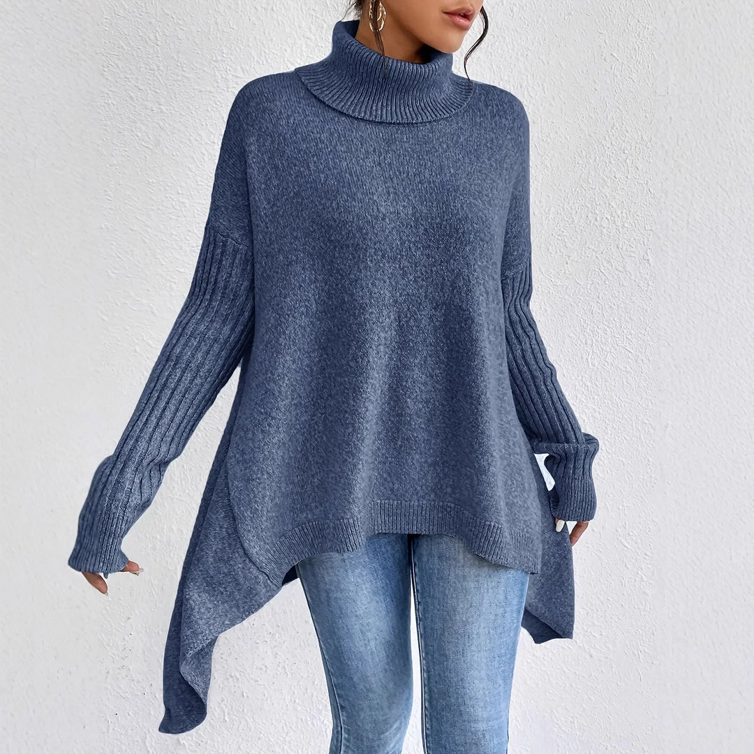 Close-up of the luxurious texture of a women's cashmere knit oversized turtleneck sweater, cozy and elegant.