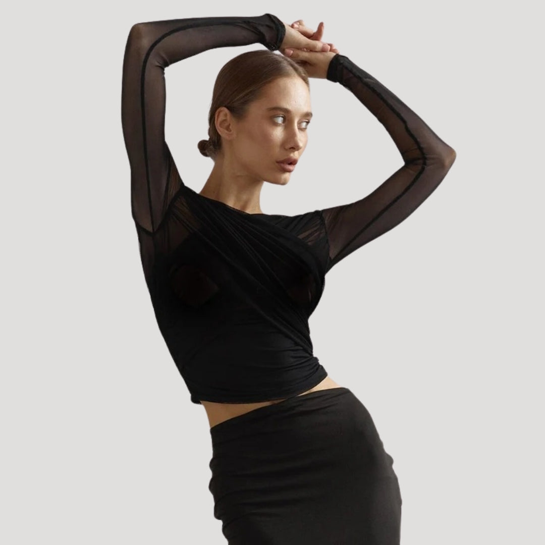 Lightweight sheer wrap long-sleeve blouse for women, ideal for spring, showcasing an elegant design.