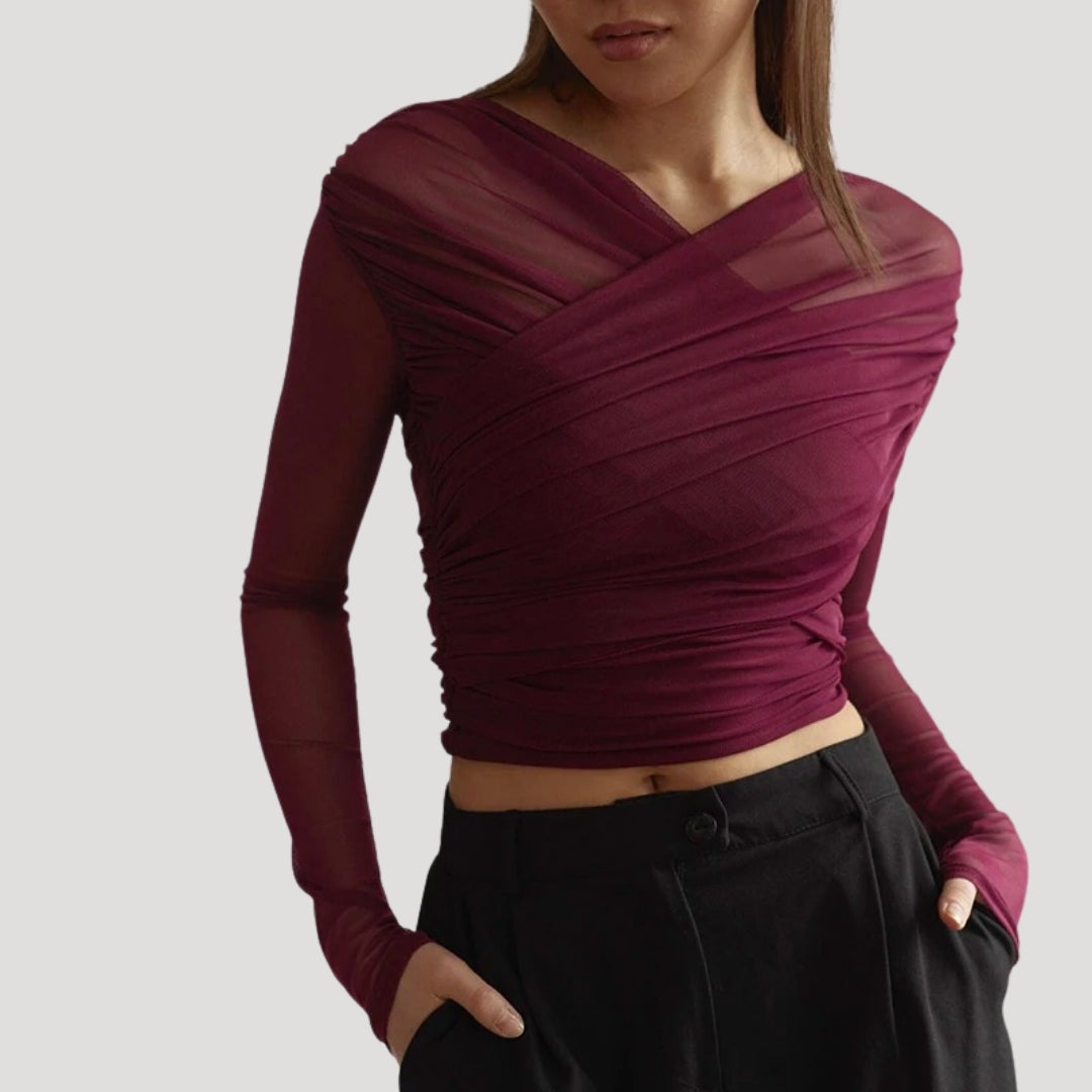 Versatile women's sheer wrap long-sleeve blouse, a perfect elegant and lightweight addition to spring apparel.