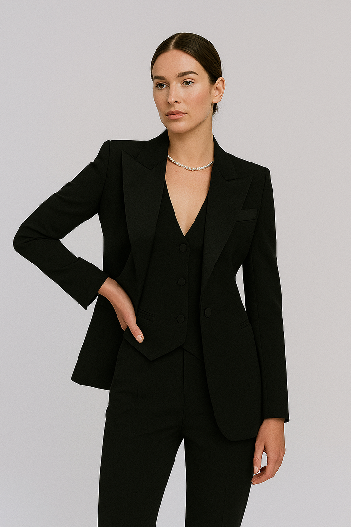 Two-piece women's suit set, ideal for smart casual or businesswear, showcasing spring fashion.