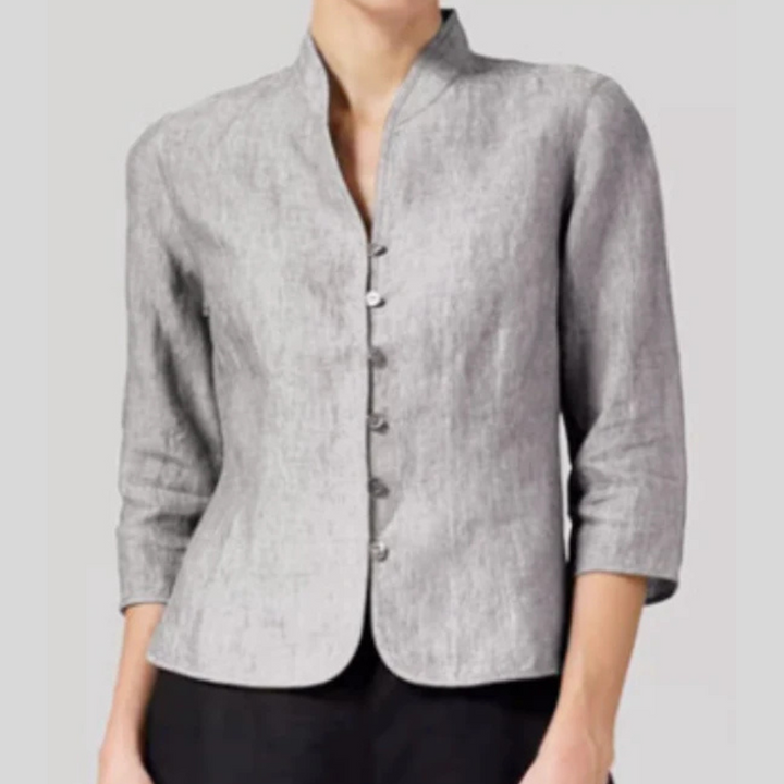 Elegant women's stand collar blouse with three-quarter sleeves, perfect for office or casual wear.