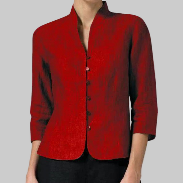 Versatile women's button-front blouse featuring a chic stand collar and three-quarter sleeves, ideal for workwear.