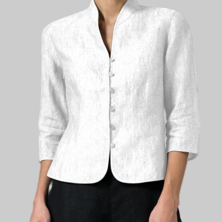 Classic women's stand collar blouse with three-quarter sleeves, a comfortable & elegant shirt for daily wear.