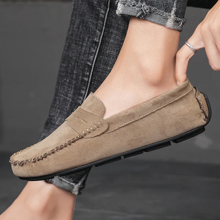 Action shot of a woman wearing elegant brown tassel loafers, demonstrating their comfortable fit and stylish appeal