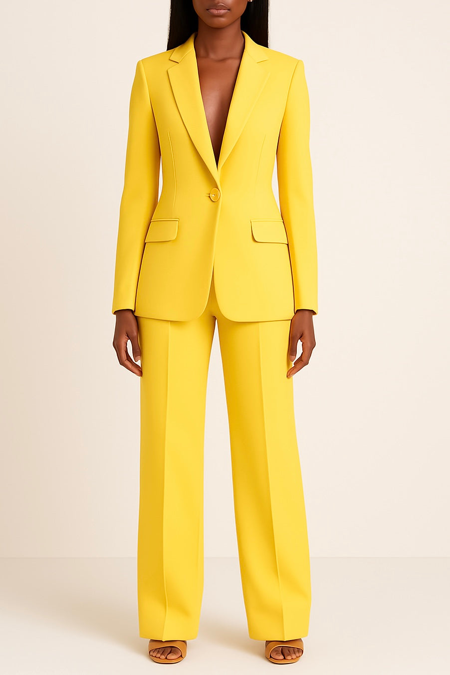 Full-length view of a woman wearing a grey formal suit set with a long blazer and smart trousers.