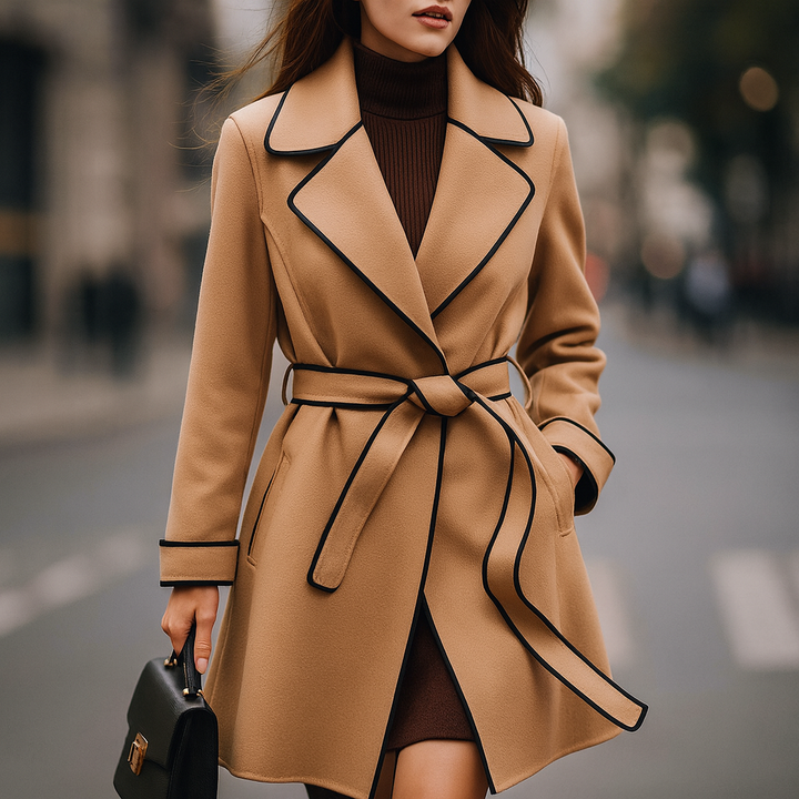 Elegant women's wool-blend belted longline black coat with contrast piping, perfect for winter fashion