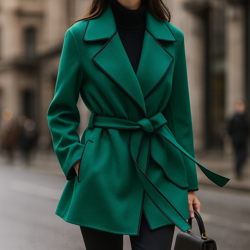 Front view of a women's belted longline wool-blend coat with distinctive contrast piping detail