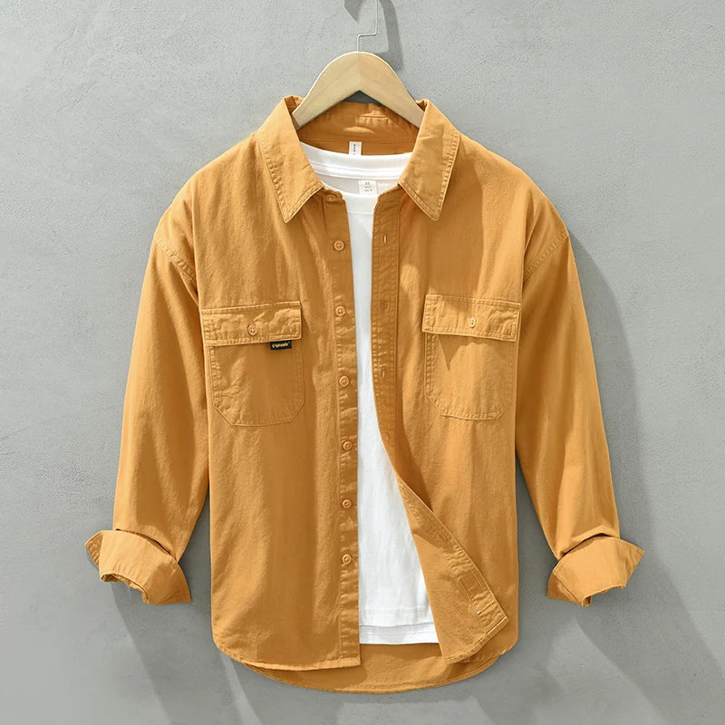Women's long sleeve utility button-down shirt in yellow mustard, relaxed fit