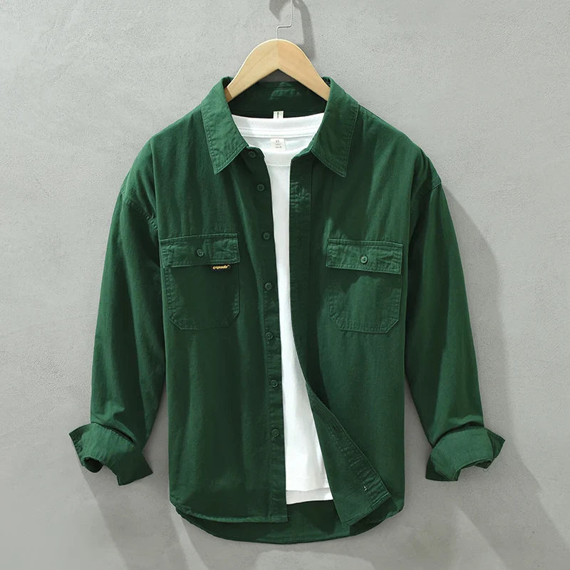 Casual emerald green women's shirt, relaxed fit, button-down front, long sleeve