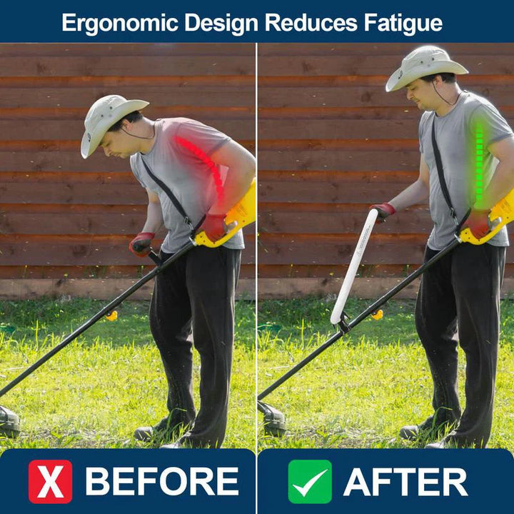 Ergonomic universal trimmer handle for garden tools, promoting efficient and comfortable lawn care