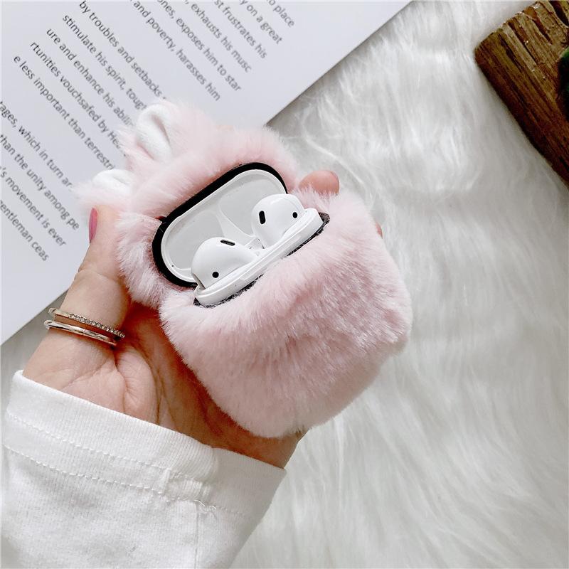 Protective fluffy grey earbud case, shockproof and stylish accessory with a keychain