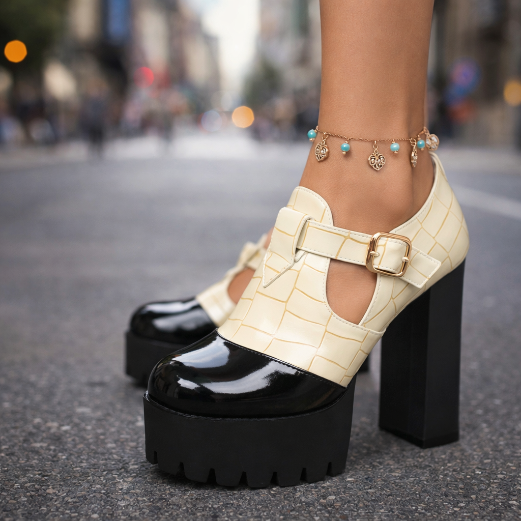 Fashionable women's glossy platform heels with an eye-catching cutout design and a reliable block heel for stability.