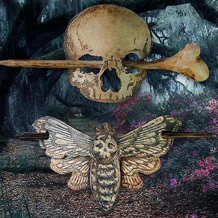 Close-up of a skull hair pin, gothic style, featuring realistic faux bone texture, a unique metal hair accessory.