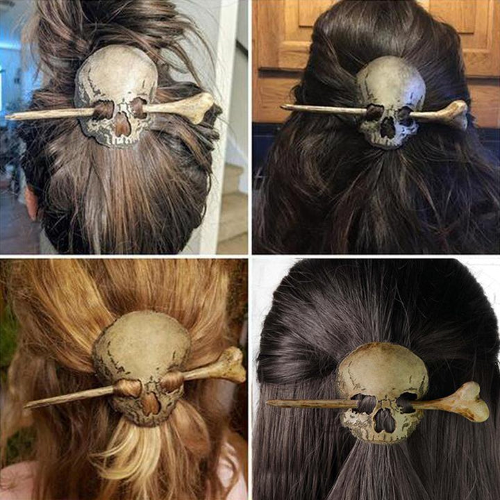 Retro metal hair pin, gothic skull design with faux bone, a unique and stylish hair accessory for women.